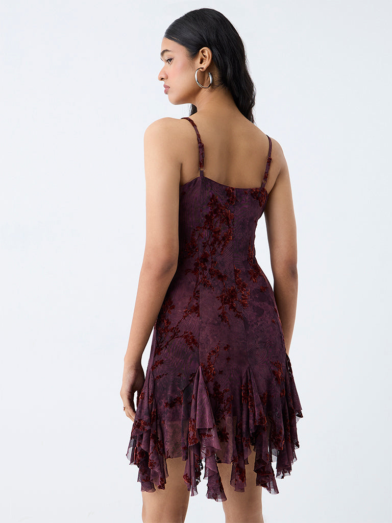 Nuon Dark Plum Floral Printed Ruffled Mini Dress