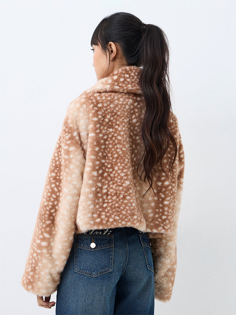 Nuon Brown Animal Printed Faux Fur Jacket