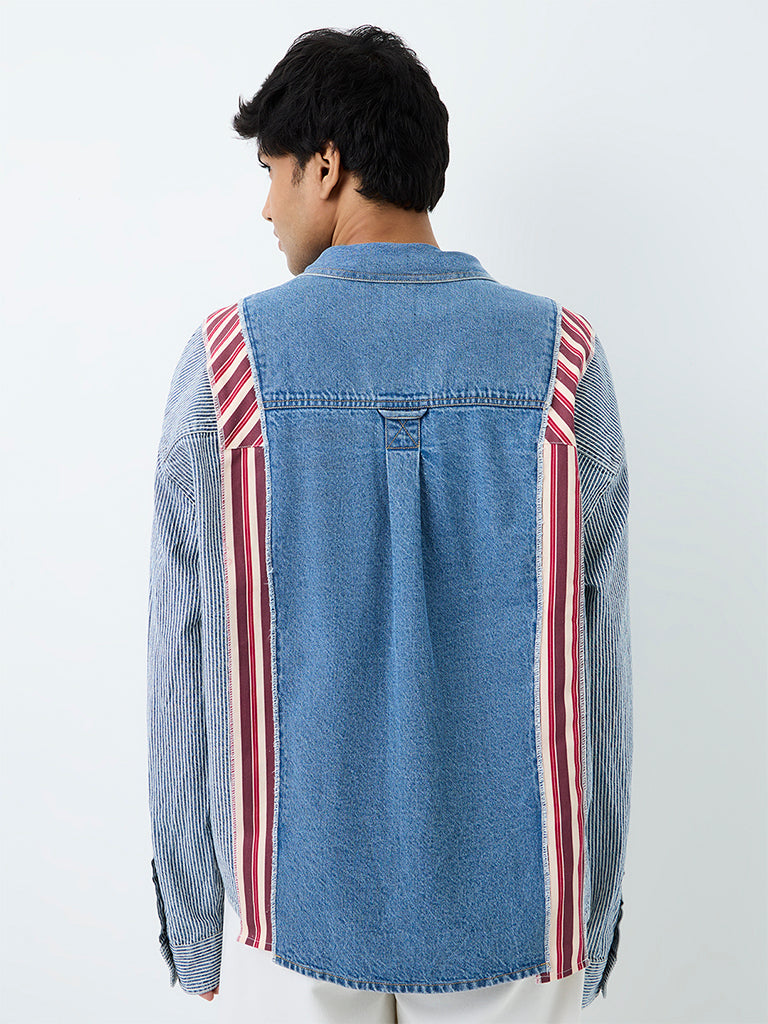 Nuon Blue Striped Patterned Boxy-Fit Denim Shirt