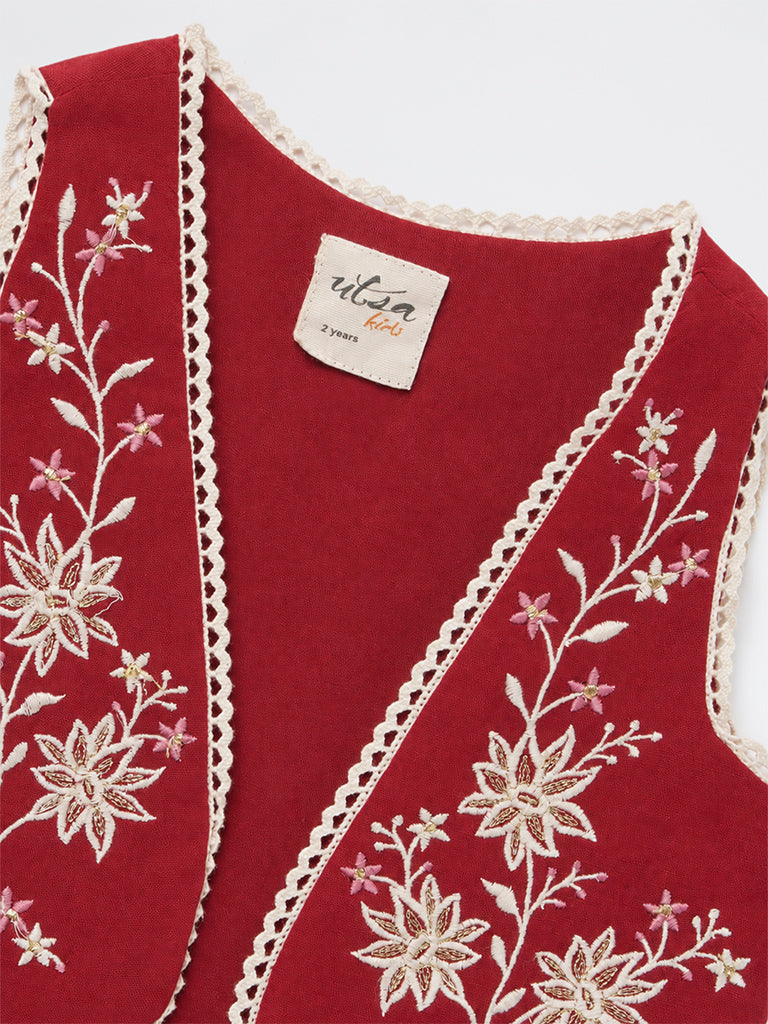 Utsa Kids Girls Red Floral Embroidered Cotton Jacket - (2-8 yrs)
