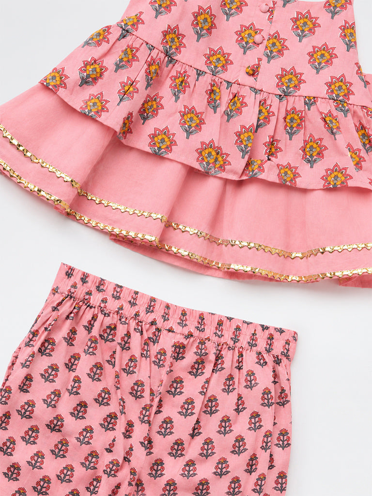 Utsa Kids Girls Pink Floral Printed Cotton Top and Pants Set - (8- 14 yrs)