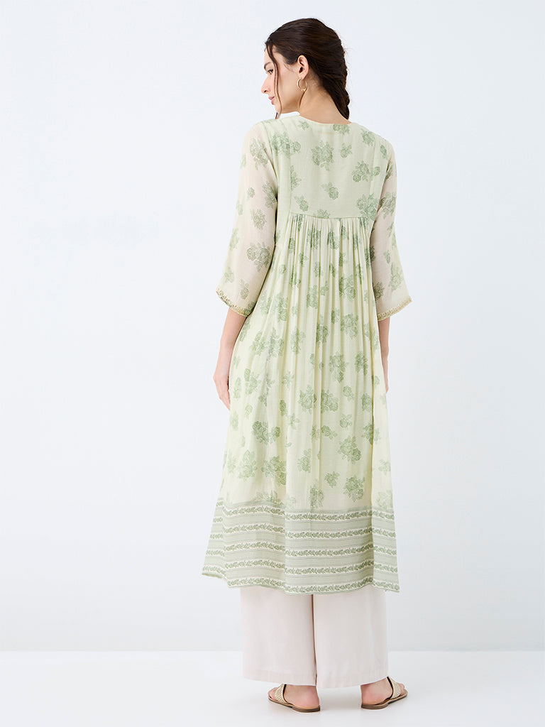 Utsa Light Green Floral Cotton-Blend Empire-Line Kurta