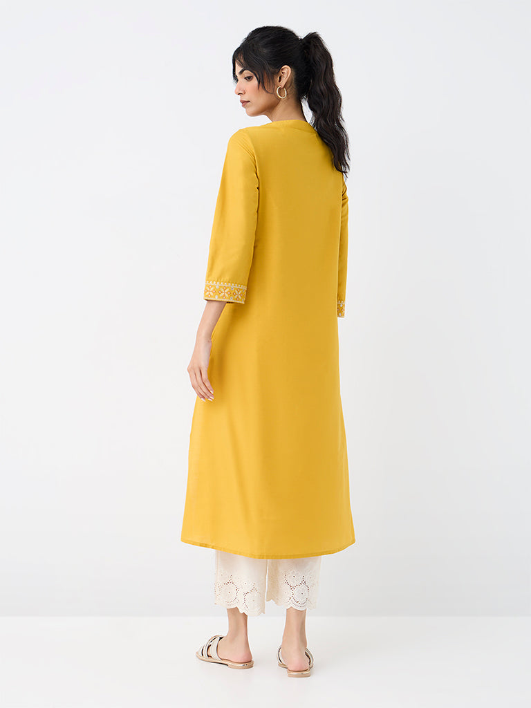 Utsa Yellow Floral Embroidered A-Line Kurta