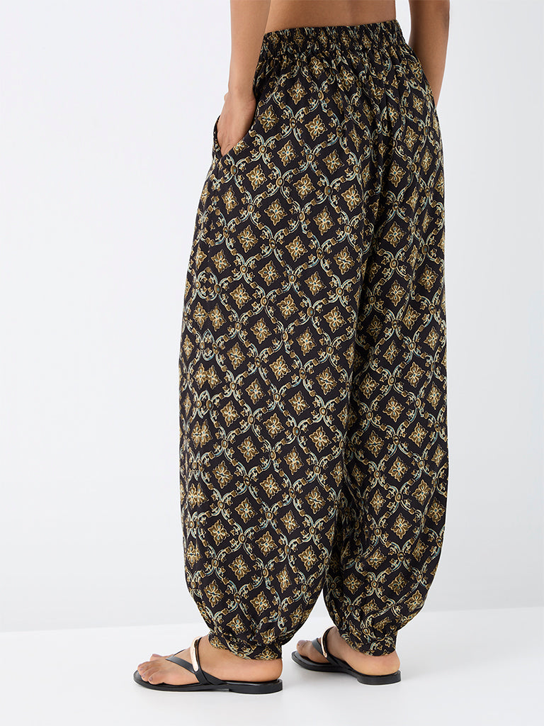 Utsa Black Floral Printed Harem Pants