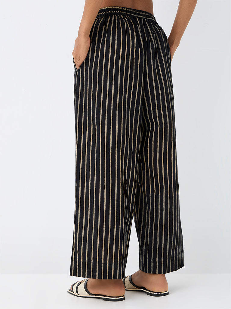 Utsa Black Striped Cotton-Blend Pants