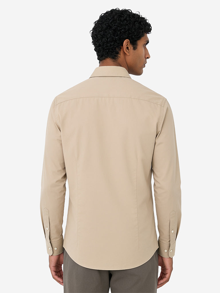 WES Formals Light Beige Slim-Fit Cotton-Blend Shirt