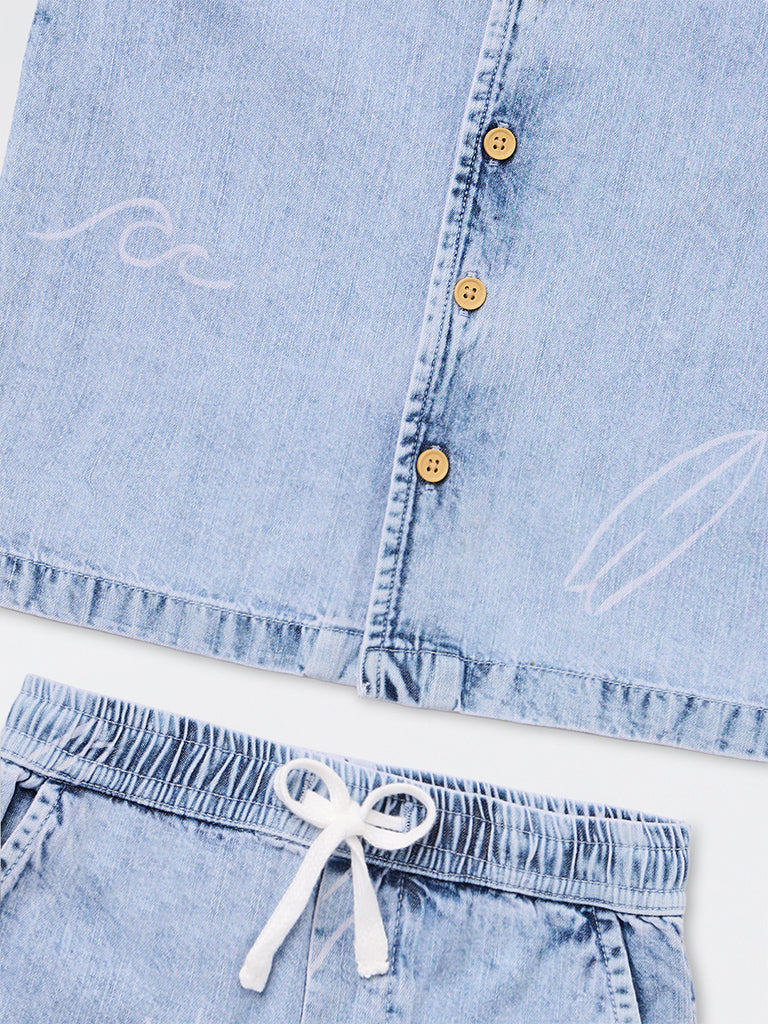 HOP Kids Boys Blue Denim Shirt and Shorts Set