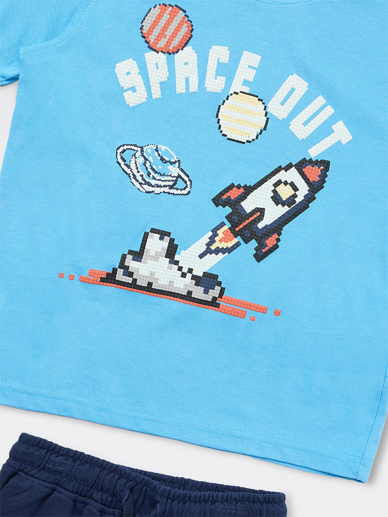 HOP Kids Boys Blue Printed Cotton T-Shirt and Shorts Set