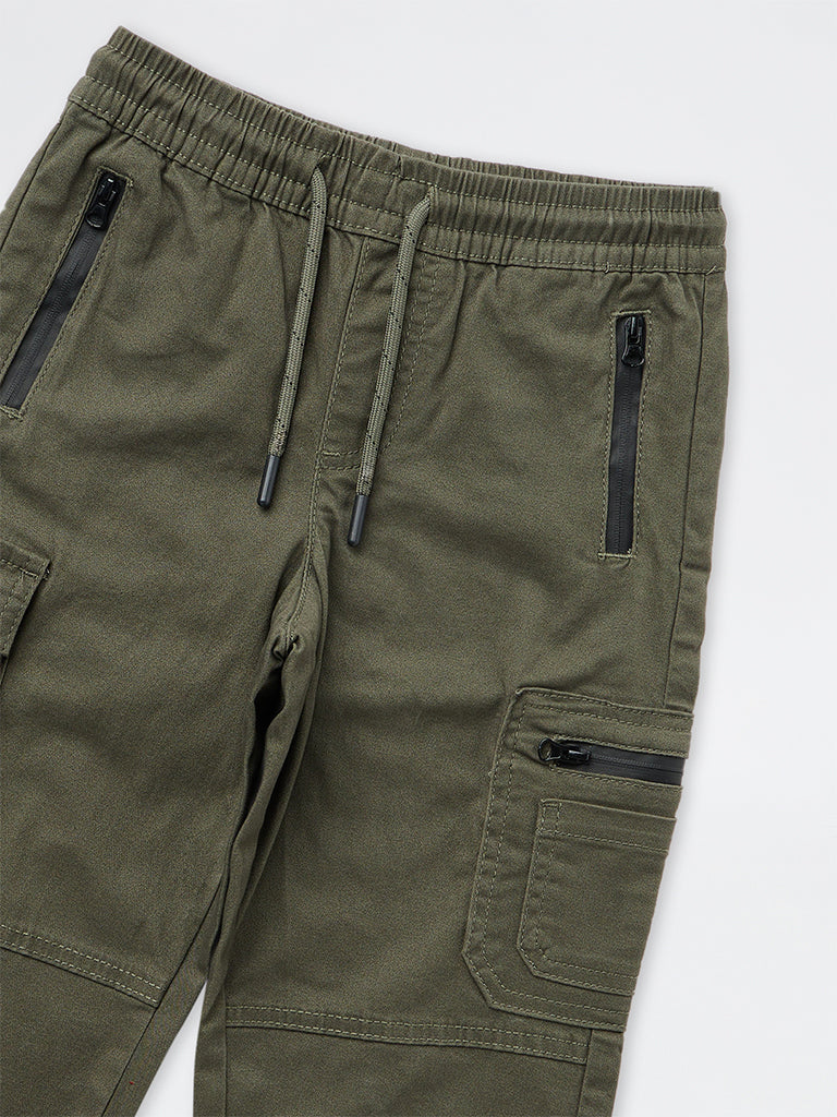 HOP Kids Boys Dark Olive Mid-Rise Cotton Cargo Joggers