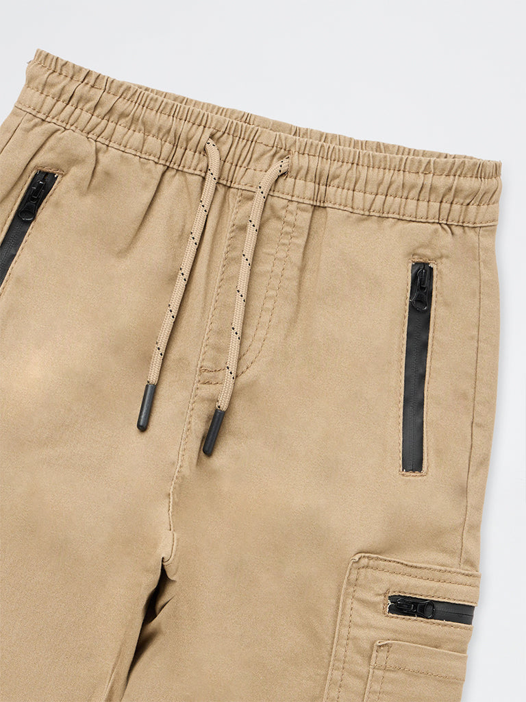 HOP Kids Boys Taupe Cargo-Style Mid-Rise Cotton-Blend Joggers