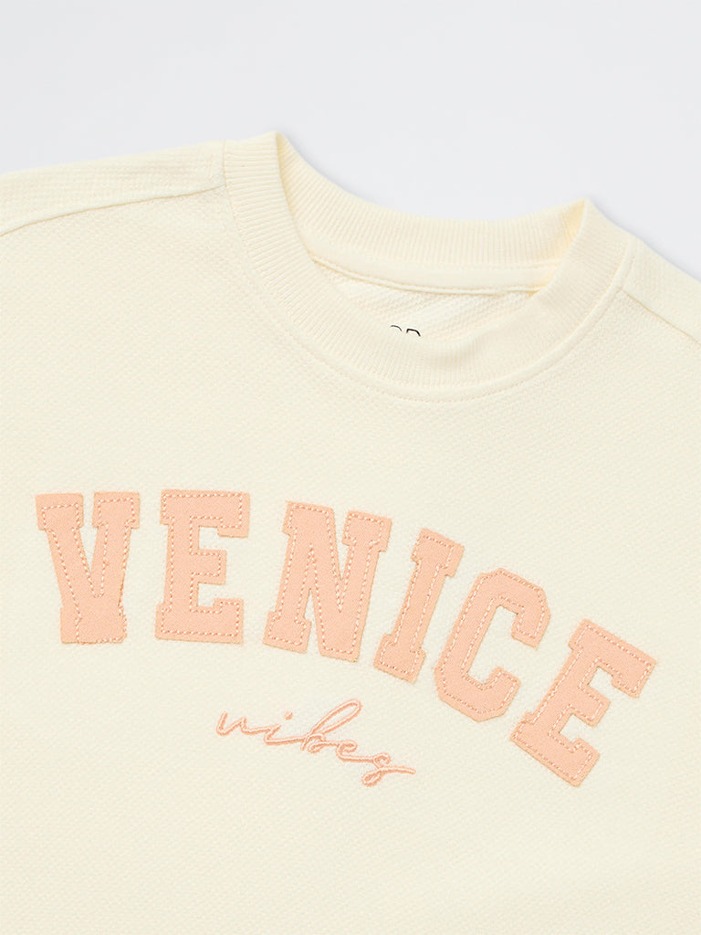 HOP Kids Boys Cream Text Design Cotton T-Shirt