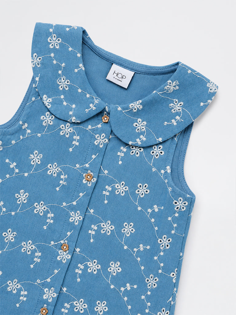 HOP Kids Girls Blue Floral Embroidered A-Line Cotton Dress