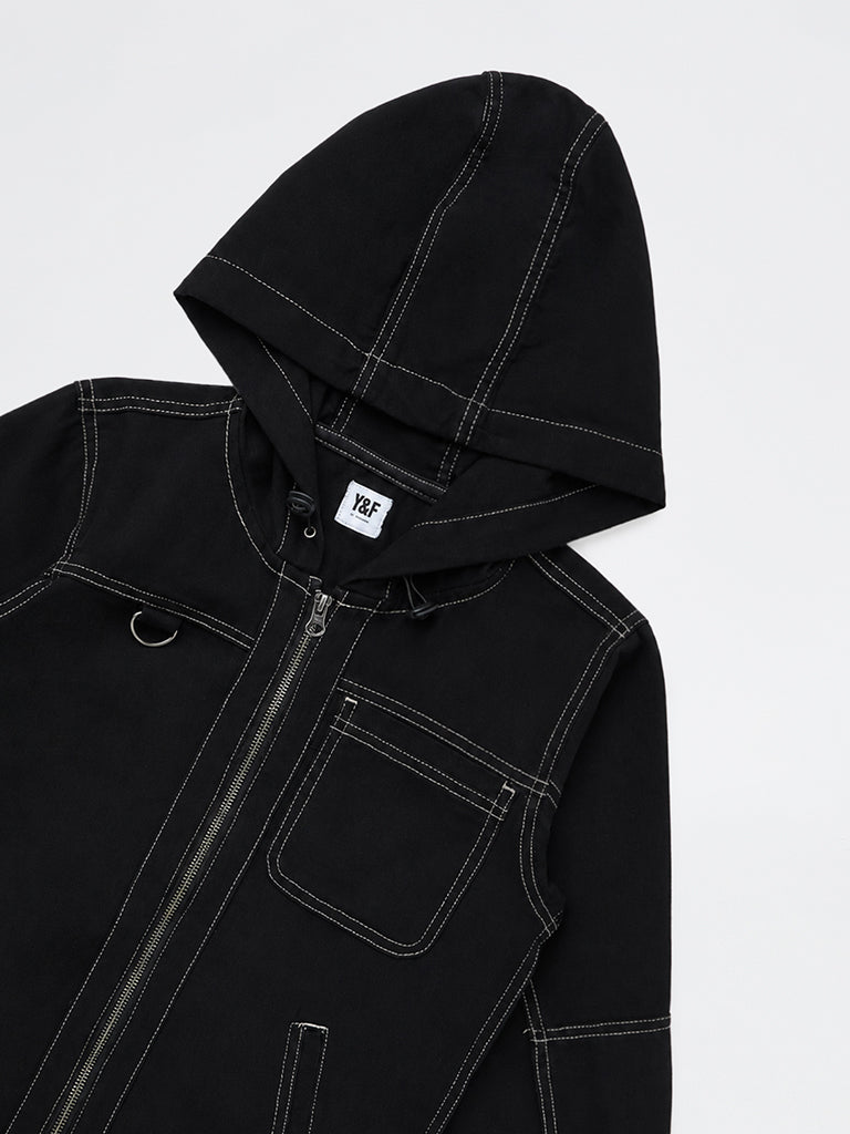Boys Black Solid Denim Hooded Jacket