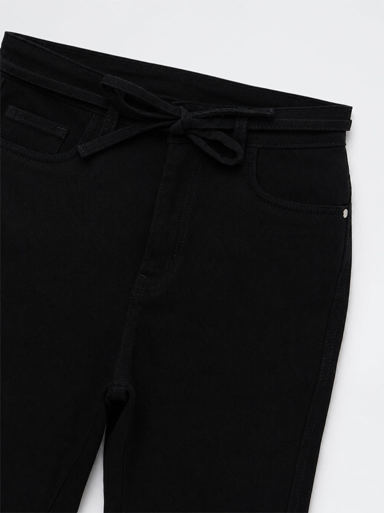 Girls Black High-Rise Flared Jeans with Belt