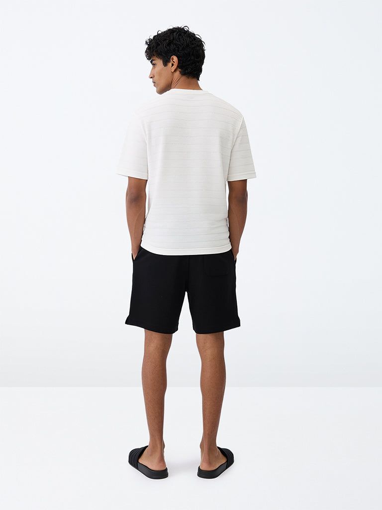 WES Lounge Black Waffle-Textured Mid-Rise Cotton-Blend Shorts