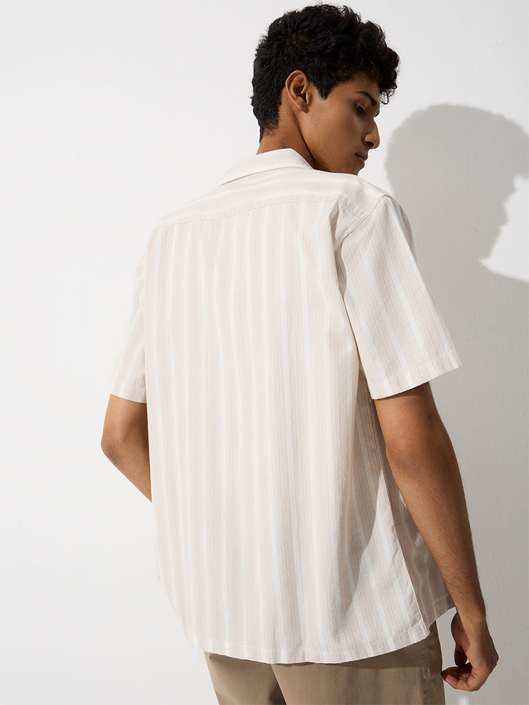WES Casuals Beige Striped Relaxed-Fit Cotton Shirt