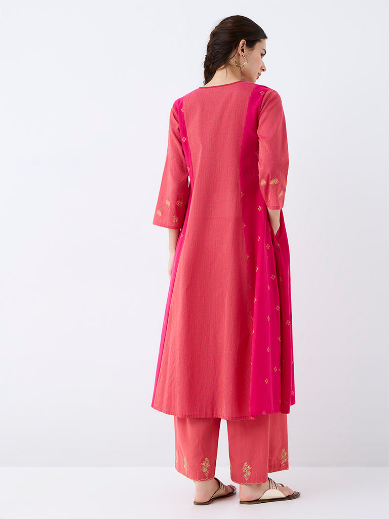 Utsa Pink Floral Embroidered Cotton Empire-Line Kurta