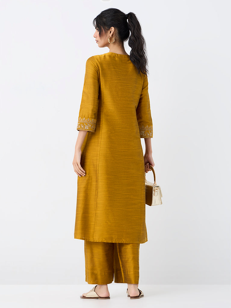 Utsa Mustard Zari Embroidered Cotton-Blend A-Line Kurta