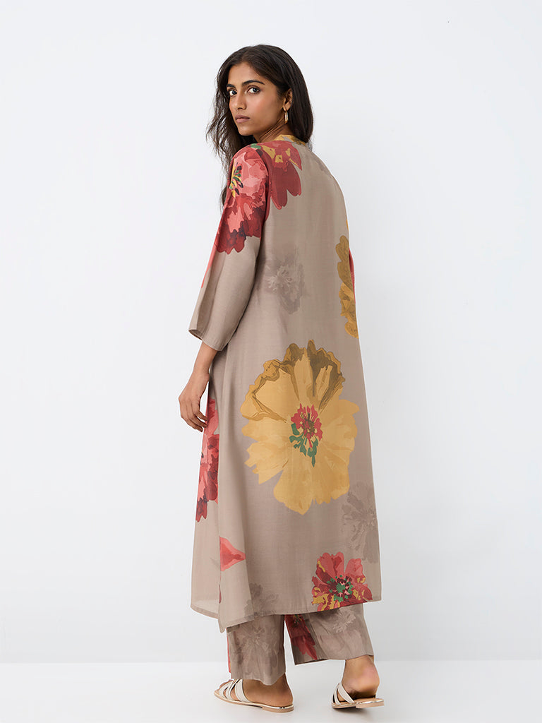 Utsa Dark Taupe Floral Printed A-Line Kurta