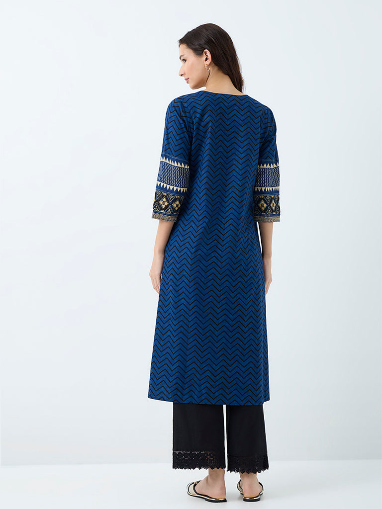 Utsa Indigo Floral Printed Cotton A-Line Kurta