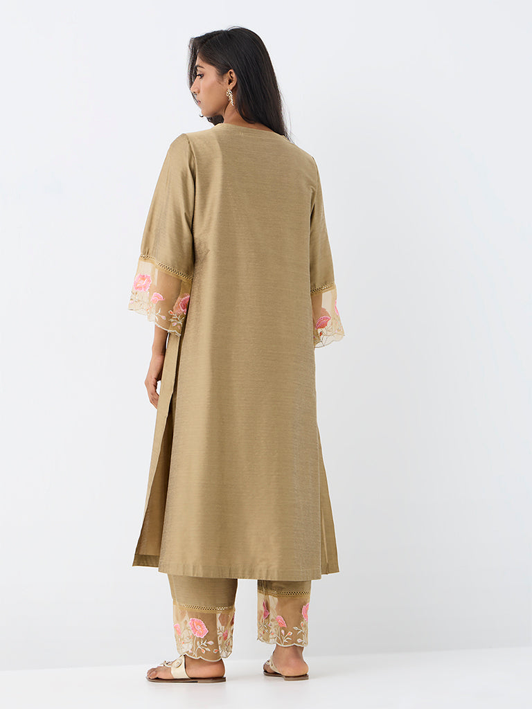 Utsa Beige Floral Embroidered A-Line Kurta