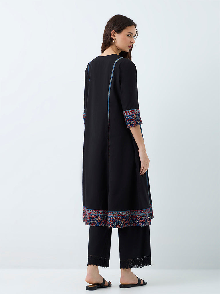 Utsa Black Printed Cotton A-Line Kurta