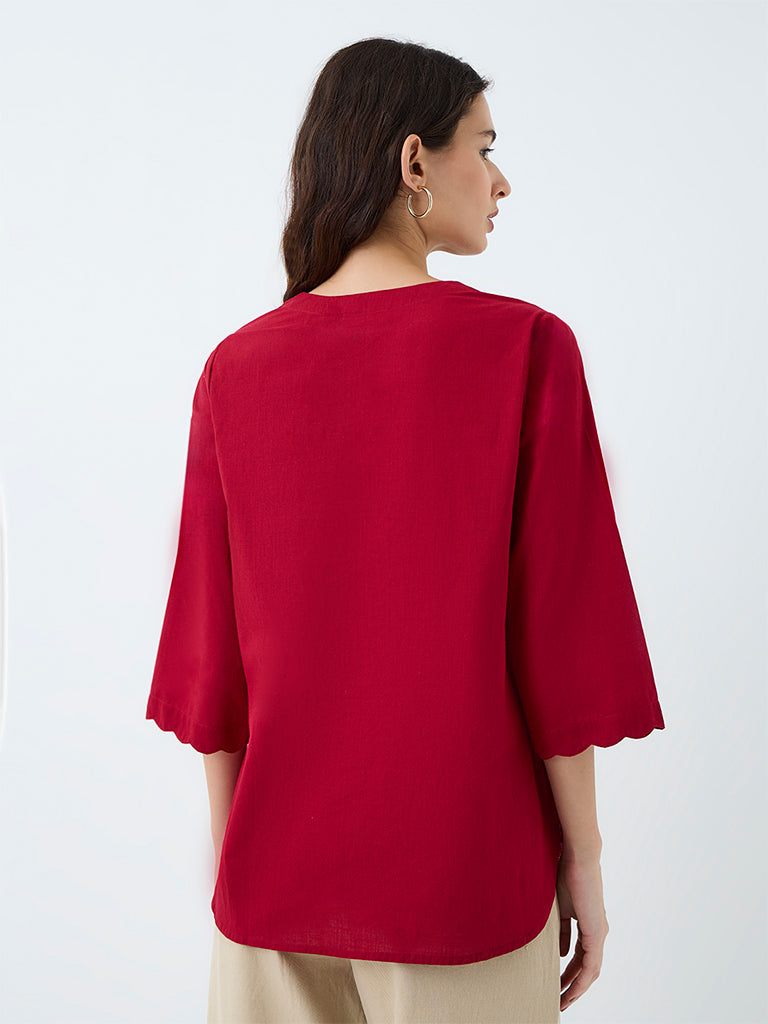 Utsa Red Floral Embroidered Cotton Tunic
