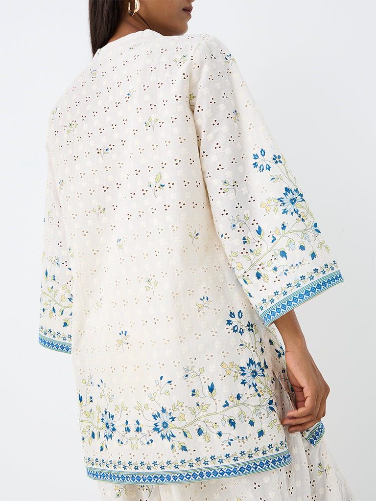 Utsa Off-White Floral Printed Cotton Kurti