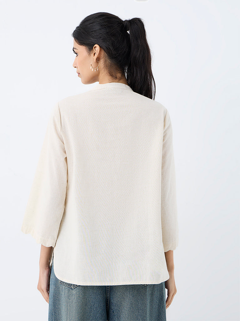 Utsa Off-White Floral Embroidered Cotton-Blend Tunic