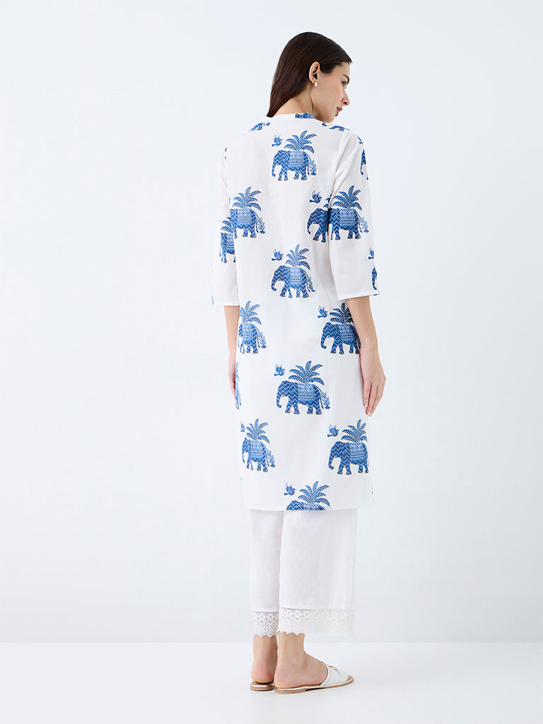 Utsa White Elephant Printed Cotton Straight Kurta