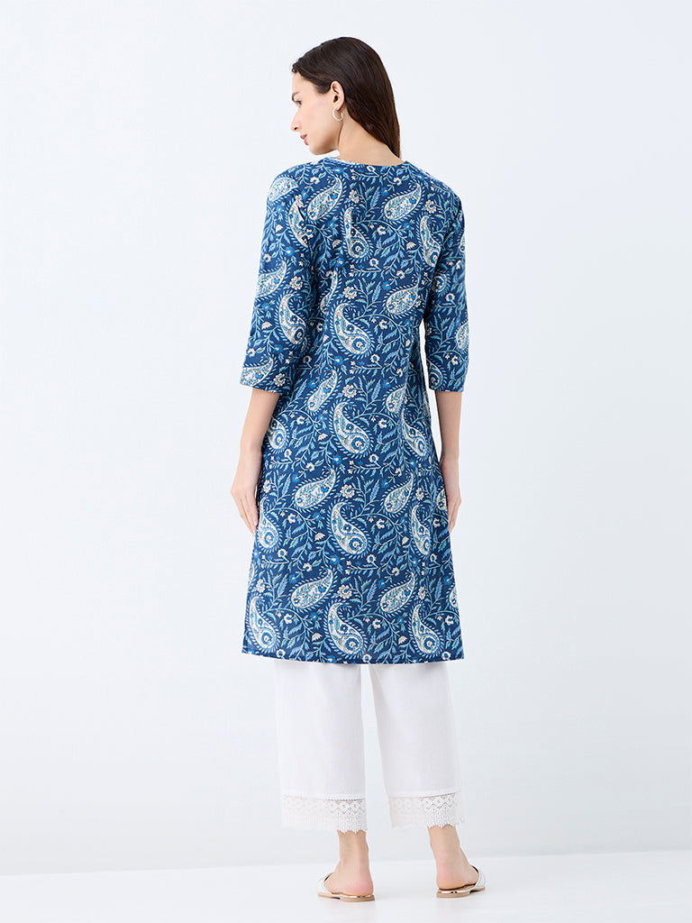 Utsa Indigo Paisley Printed Cotton A-Line Kurta