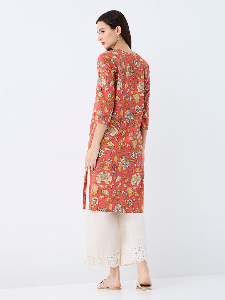 Utsa Orange Floral Printed Cotton Straight-Fit Kurta