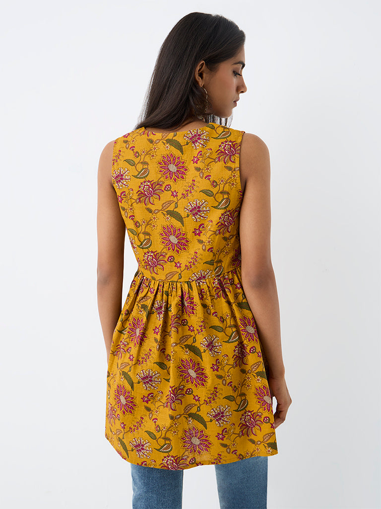 Utsa Yellow Floral Printed Cotton Peplum Tunic