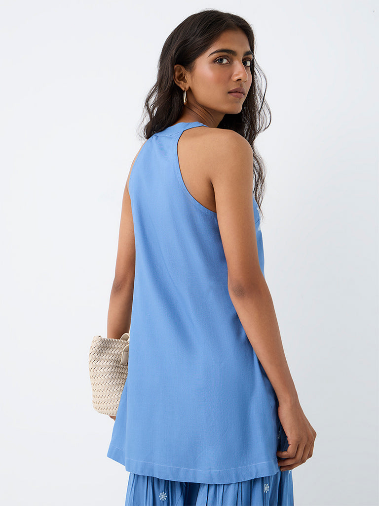 Utsa Blue Floral Embroidered Halter-Neck Cotton Tunic
