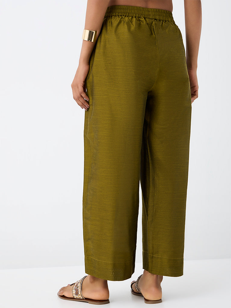 Utsa Dark Olive Solid Cotton Pants