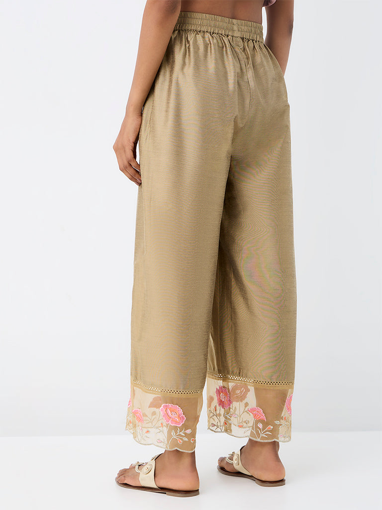 Utsa Beige Floral Embroidered Pants
