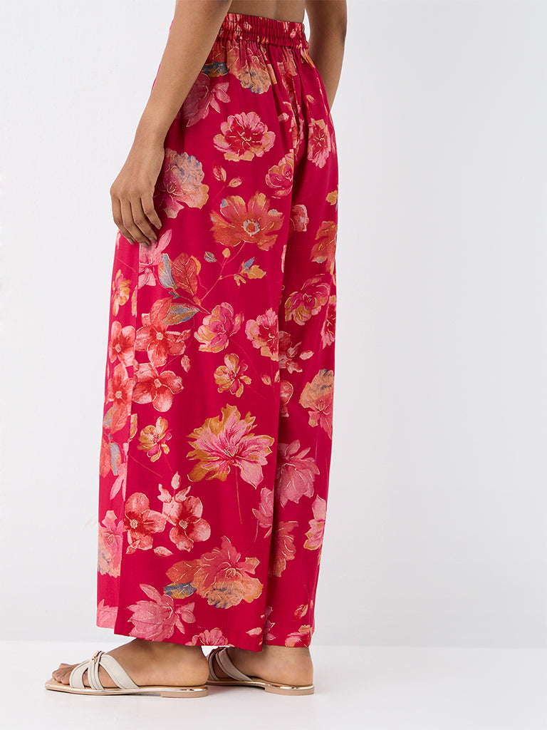 Utsa Red Floral Pattern Pants