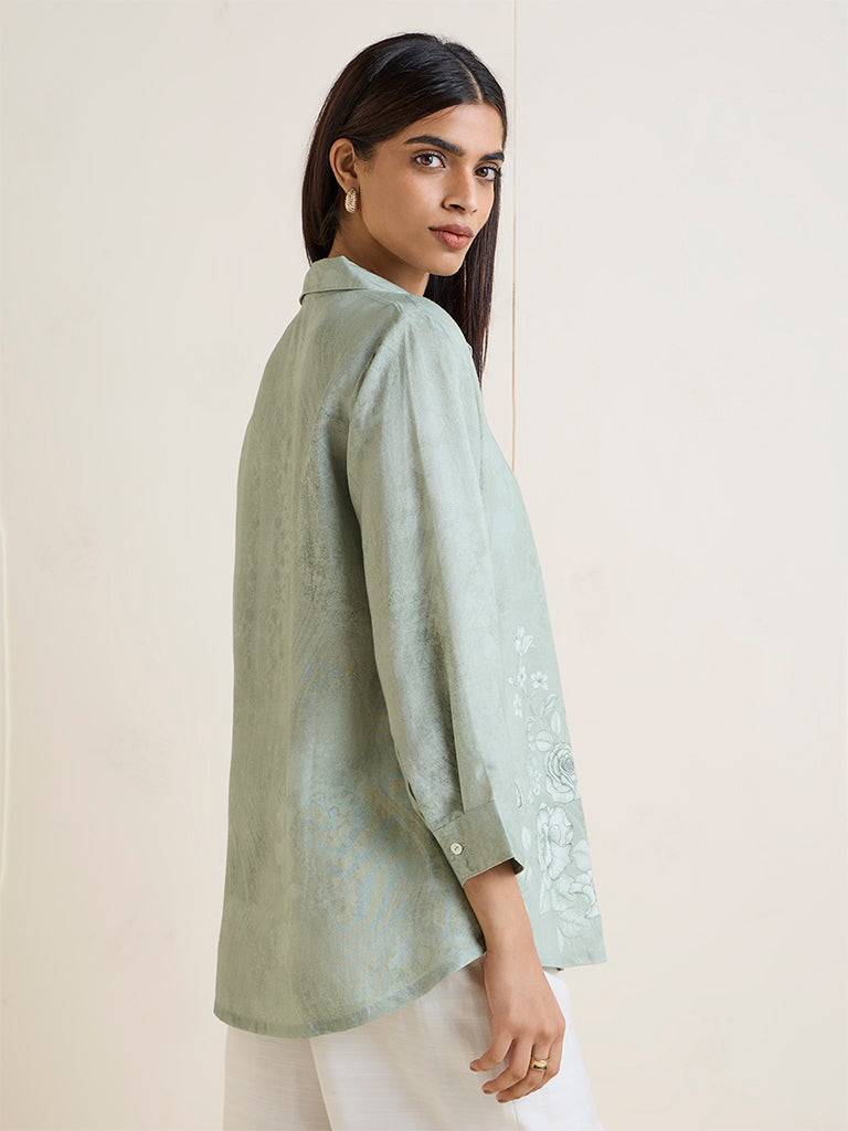Zuba Sage Green Floral Printed Linen-Blend Tunic