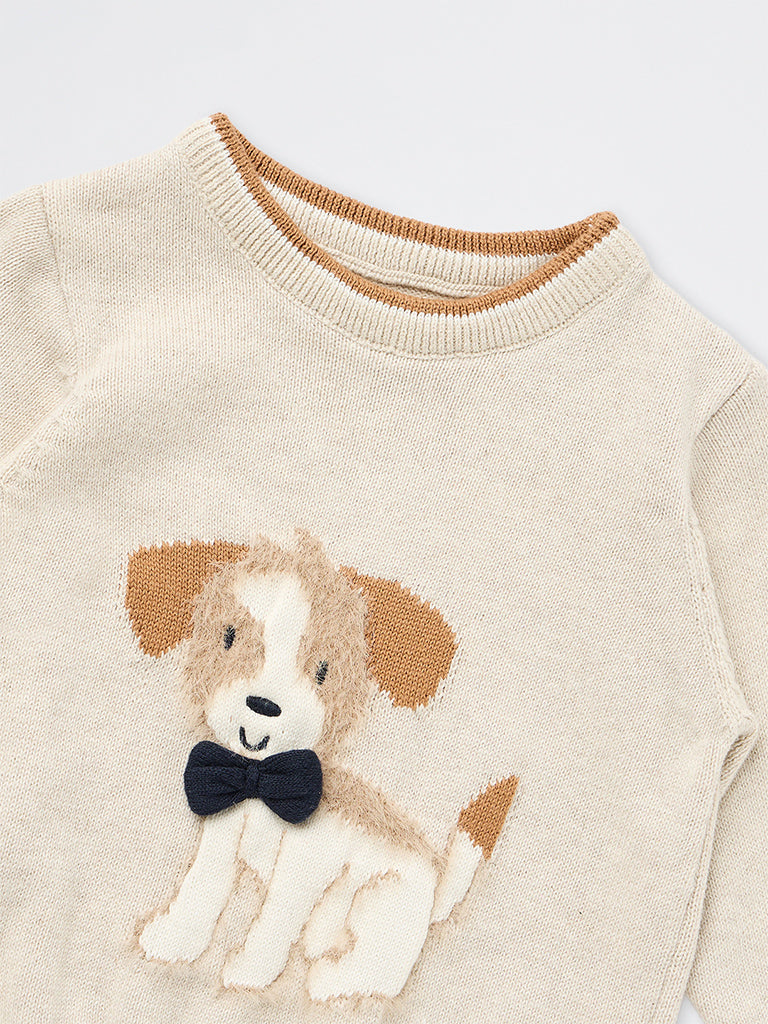 HOP Baby Boys Taupe Animal Design Cotton Sweater