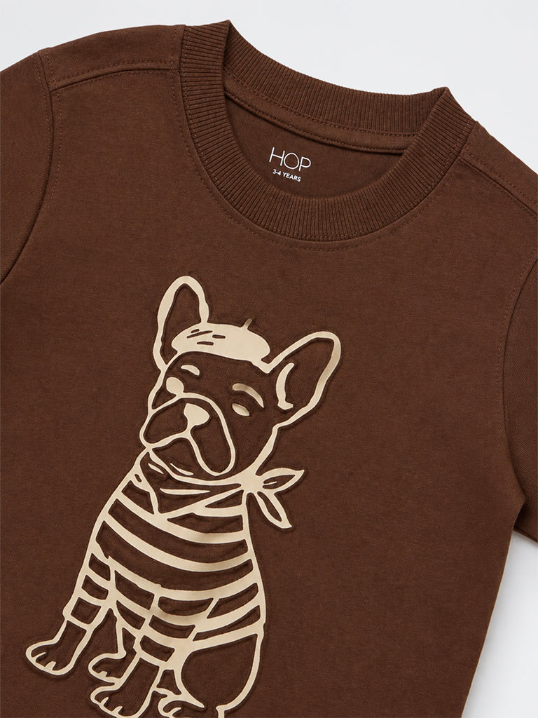 HOP Kids Boys Brown Dog Embossed Cotton T-Shirt