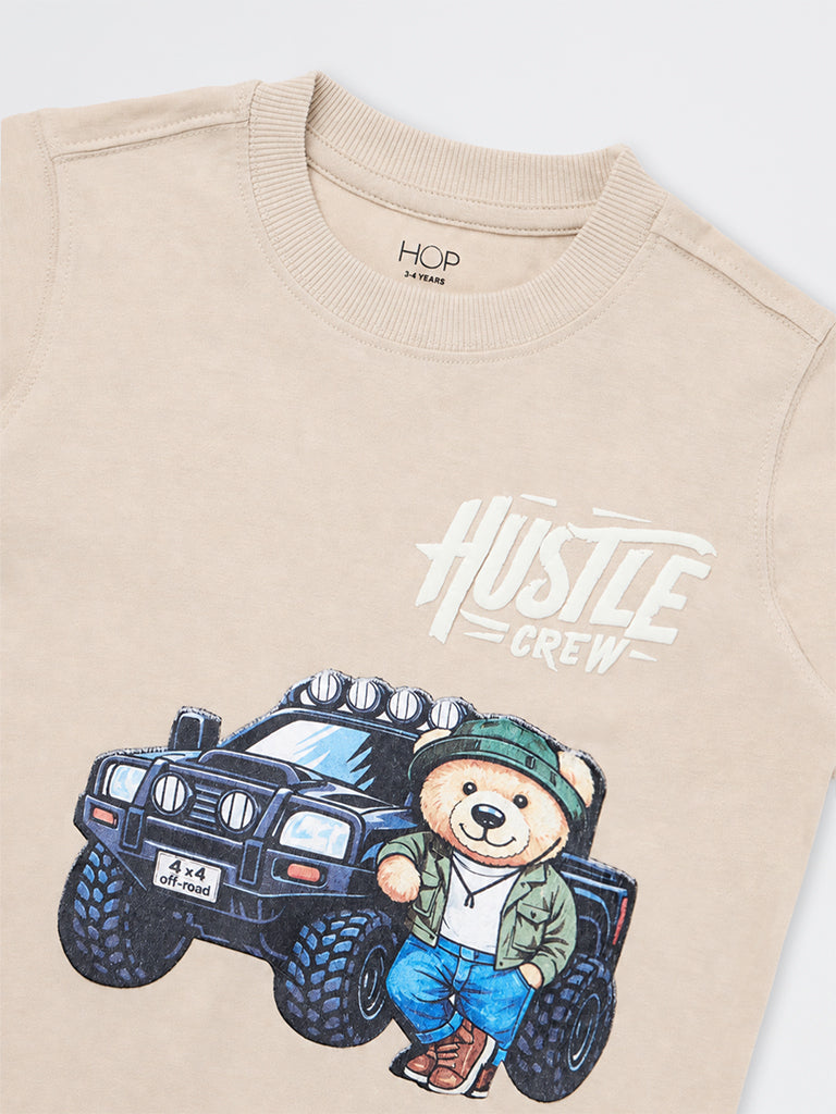 HOP Kids Boys Light Taupe Graphic Printed Cotton T-Shirt