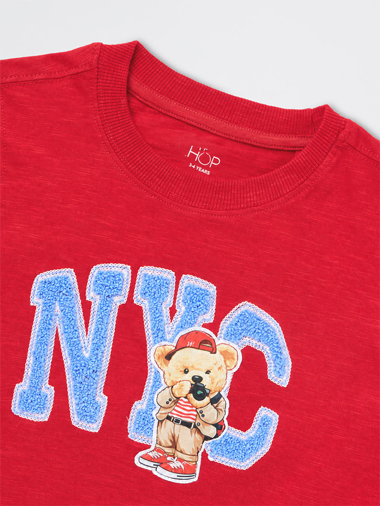 HOP Kids Boys Red Text Embroidered Cotton T-Shirt