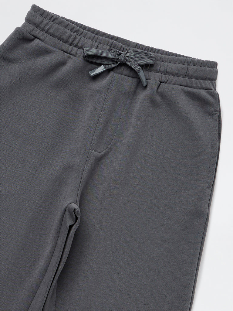 Boys Grey Solid Mid-Rise Cotton-Blend Track Pants