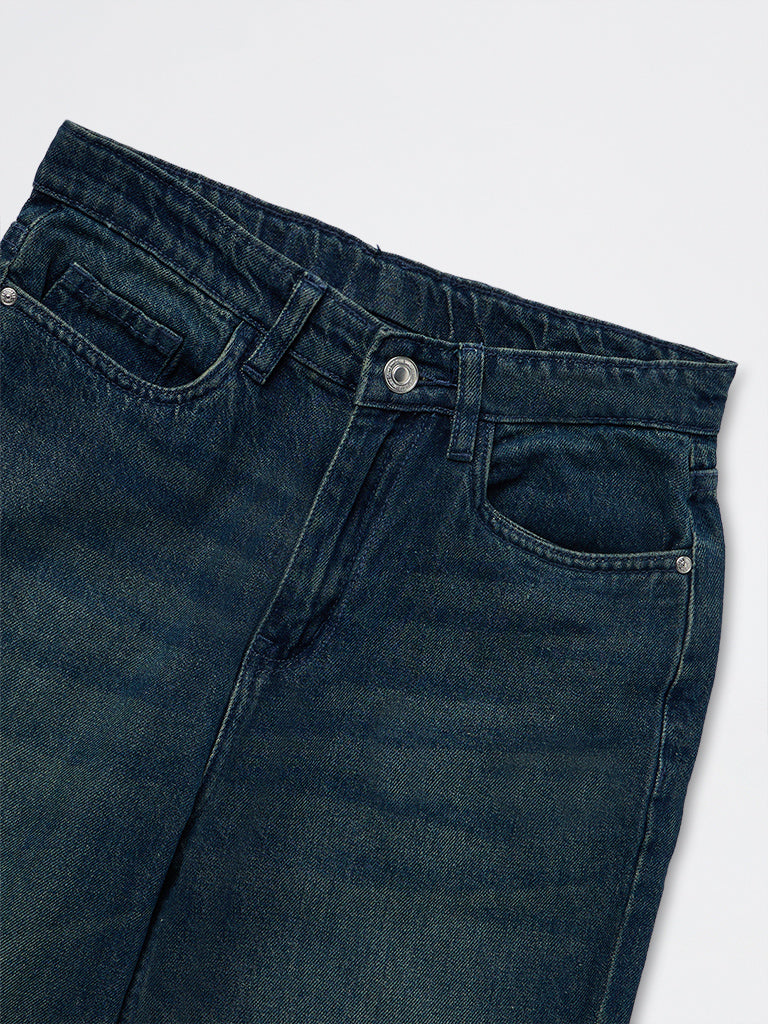 Girls Dark Blue Mid-Wash High-Rise Jeans