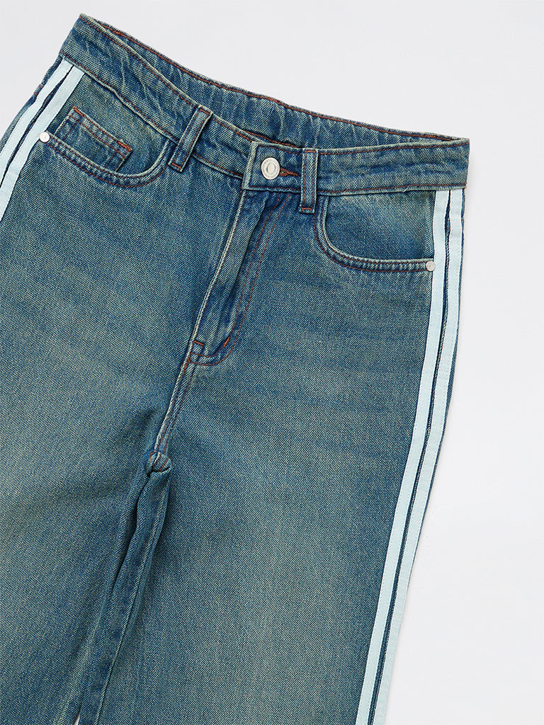 Girls Blue Washed Bow-Detail High-Waist Jeans