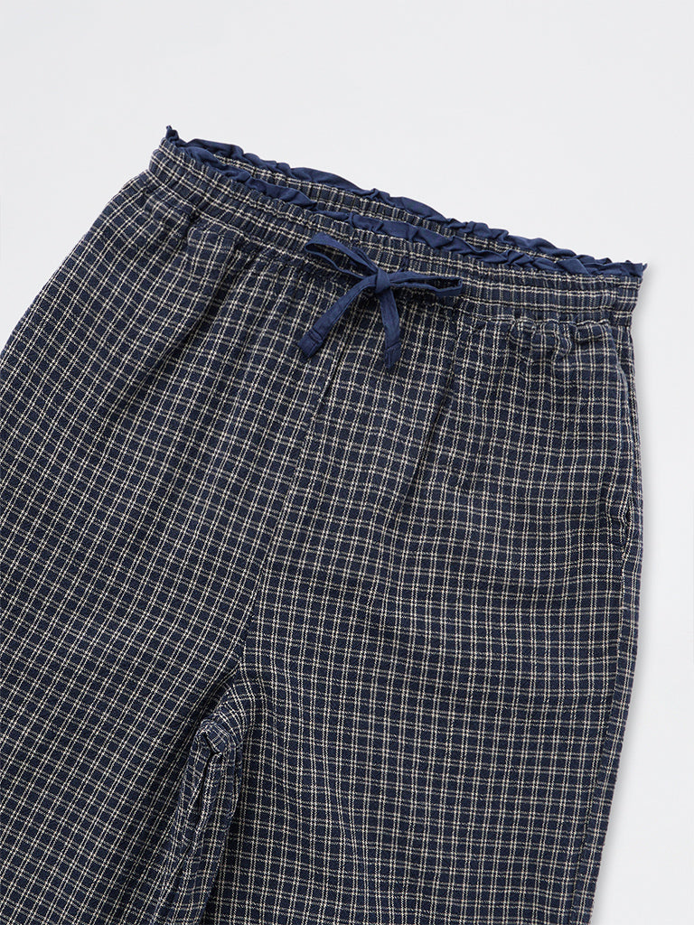 Girls Navy Checkered High-Rise Cotton Pyjamas