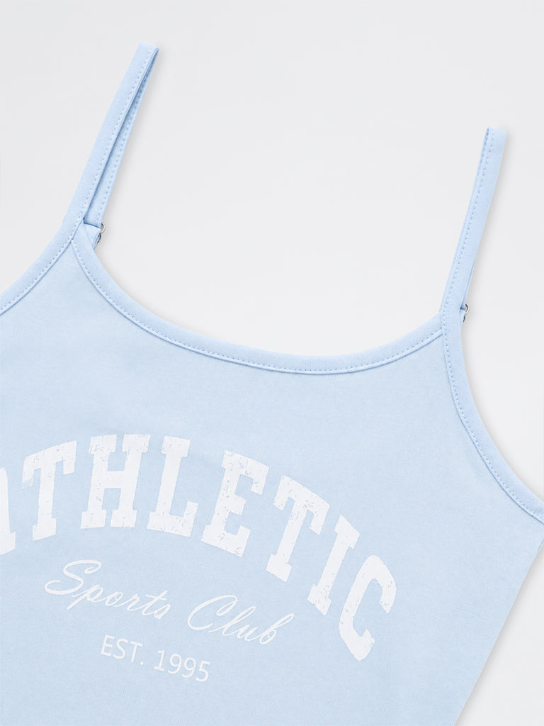 Girls Light Blue Text Printed Cotton-Blend Top