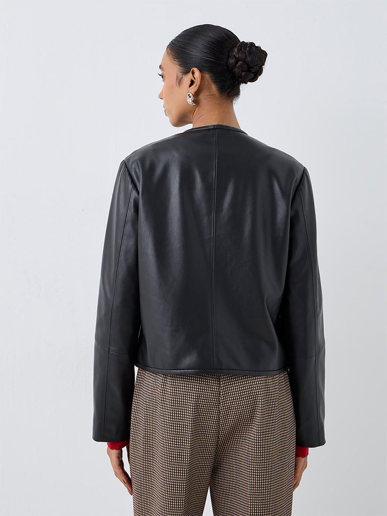 Wardrobe Black Solid Faux Leather Jacket