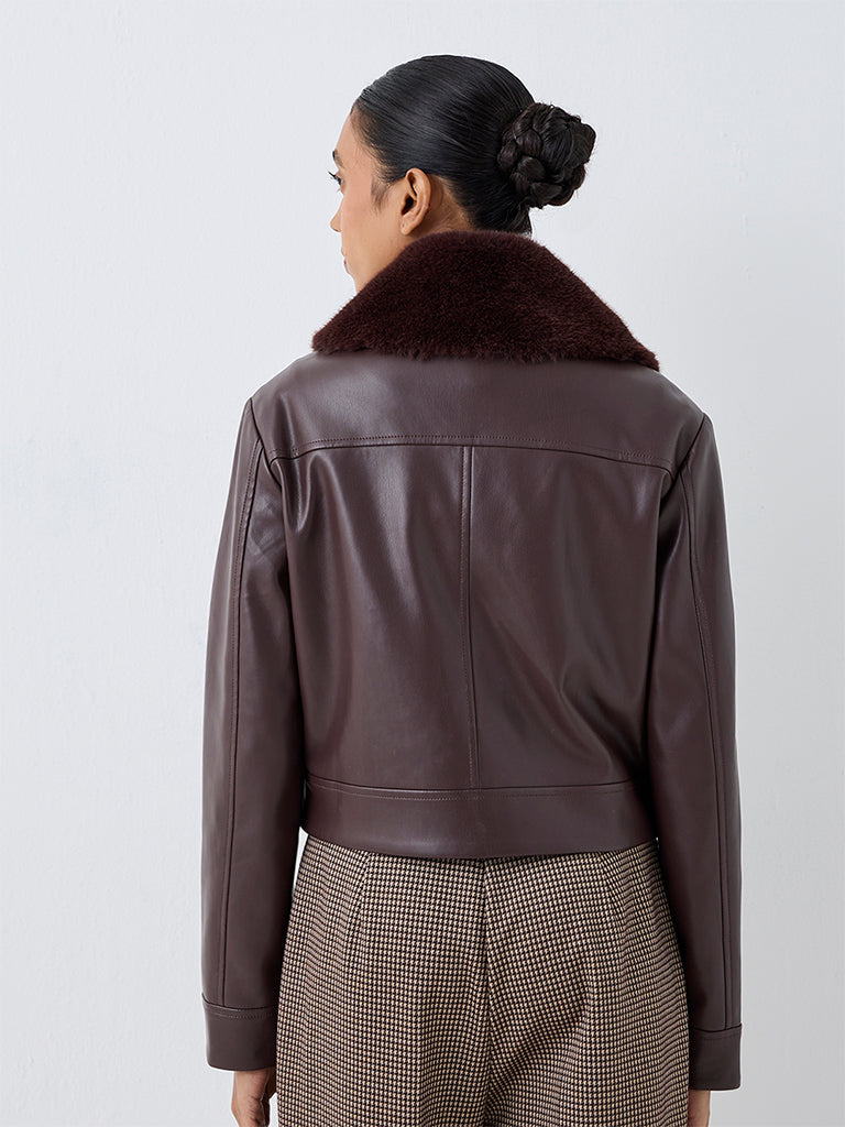 Wardrobe Dark Brown Fur-Collar Faux Leather Jacket