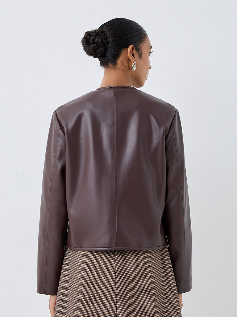 Wardrobe Dark Brown Solid Faux Leather Jacket